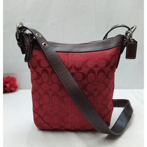 Coach Signature Red Canvas Leather Trim Zipper Closure Duffle Croosbody Bag